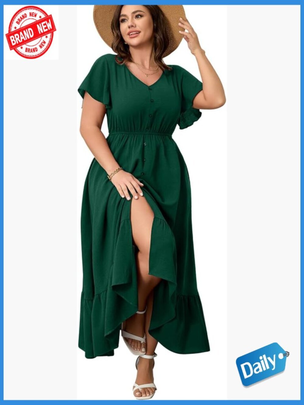 Plus Size Maxi Dress V Neck Short Sleeve Flowy Tiered Split L-3XL